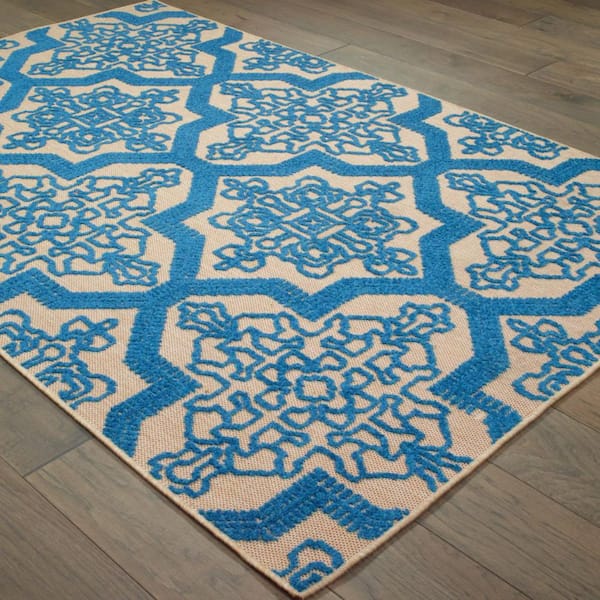 Blue, Beige 2 ft. x 3 ft. Loomed Oriental Polypropylene Rectangle Indoor/Outdoor Area Rug