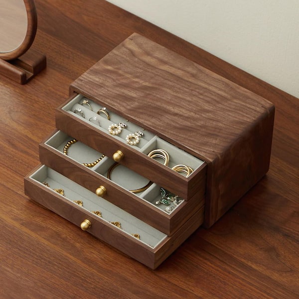 Velvet Jewelry Box Modern Jewelry Organizer Stylish Jewellery Box Large Brown Black Walnut Wood Brass  Wooden Jewelry Box Velvet