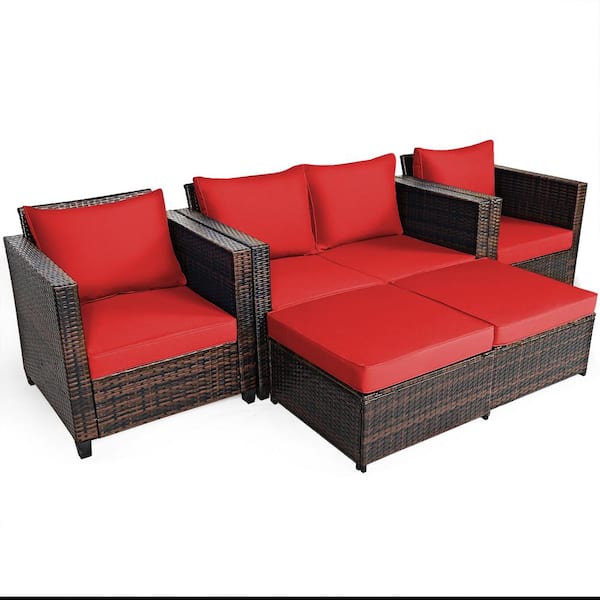 Brown 5-Piece Wicker Metal Outdoor Section Set with Red Cushions