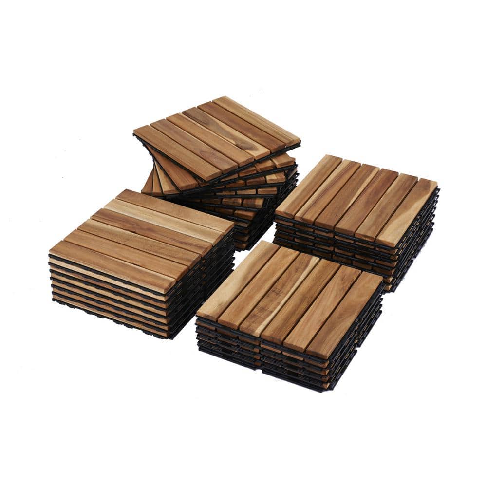 30-Pieces Interlocking Deck Tiles Striped Pattern, 12 x 12 Square Yellow Ac