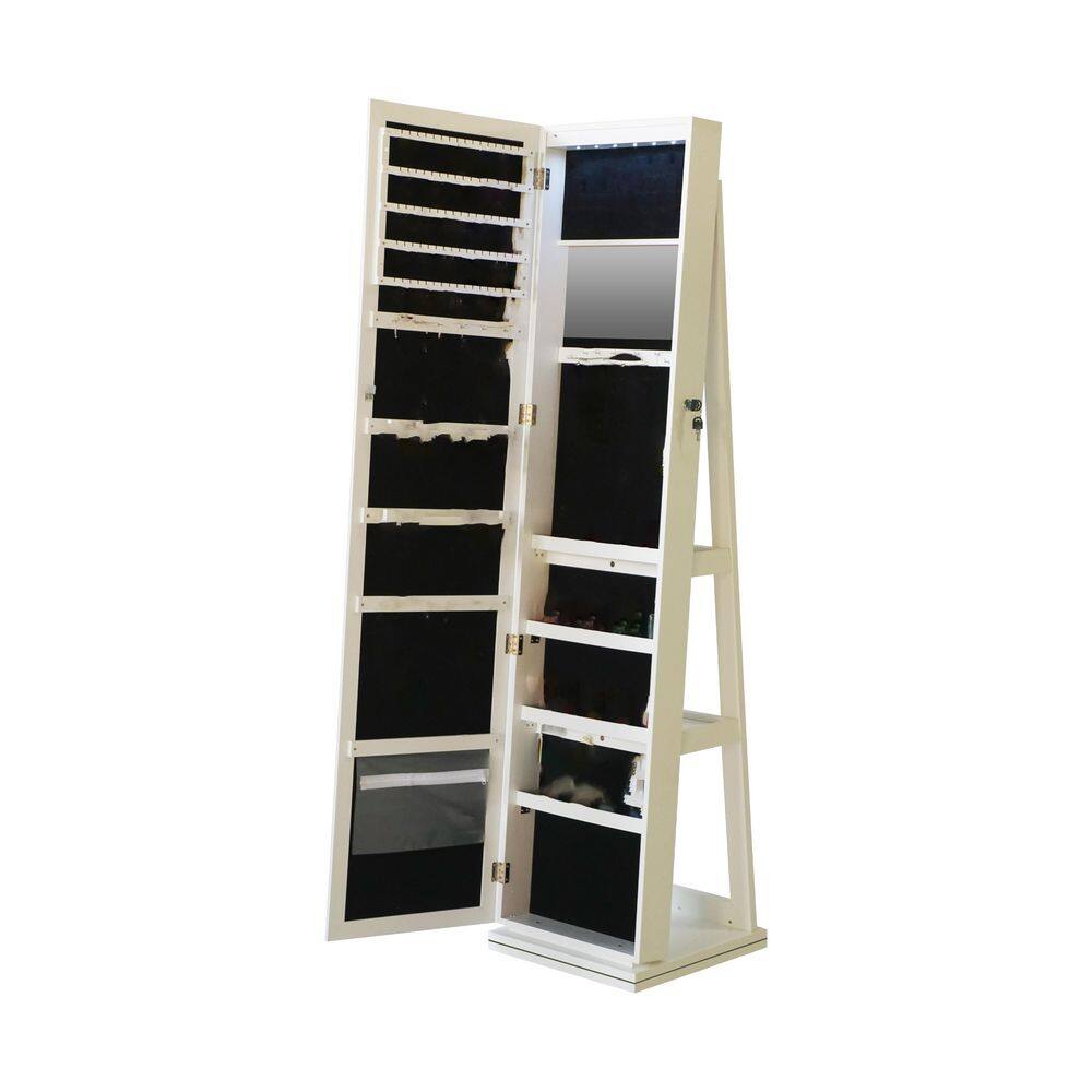 360° Swivel White Wood Jewelry Cabinet With LED Light and Full Length Mirr