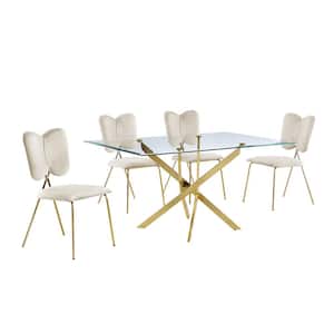 Olly 5-Piece Tempered Glass Top Gold Cross Legs Base Dining Set Beige Velvet Fabric Chairs Set Seats 4