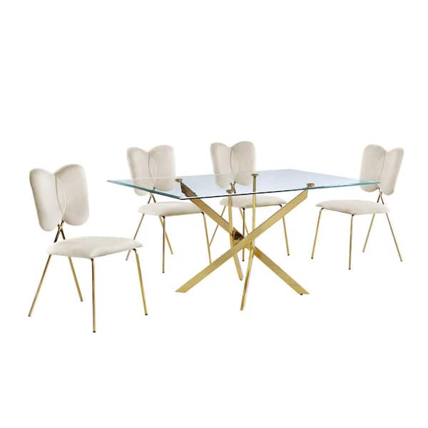 Best Quality Furniture Olly 5-Piece Tempered Glass Top Gold Cross Legs Base Dining Set Beige Velvet Fabric Chairs Set Seats 4