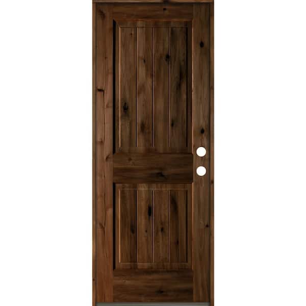Krosswood Doors 32 in. x 80 in. Rustic Knotty Alder Square Top V-Grooved Provincial Stain Left-Hand Wood Single Prehung Front Door