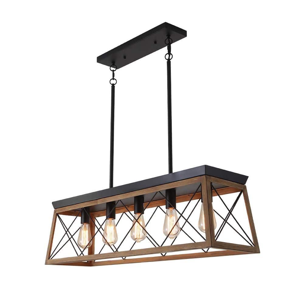 5 Light Black Farmhouse Linear Pendant Lighting Rectangular Chandelier Rust
