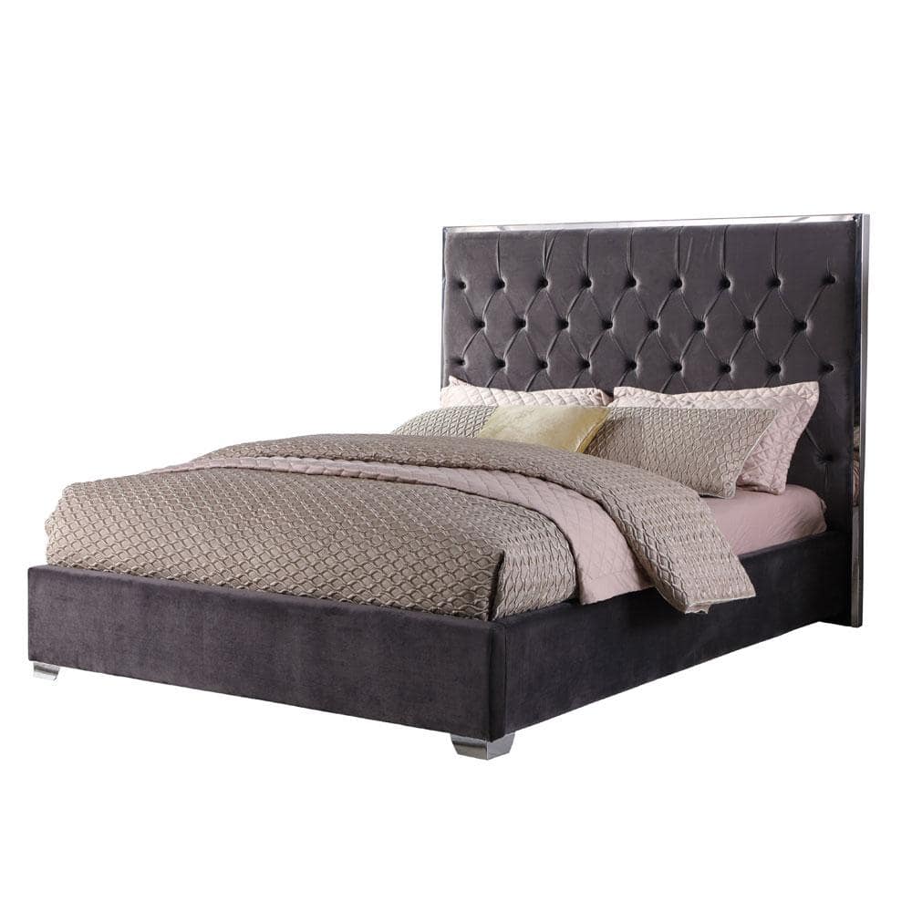 Queen Dark Gray Velvet Tufted Upholstered Bed with Wood Frame