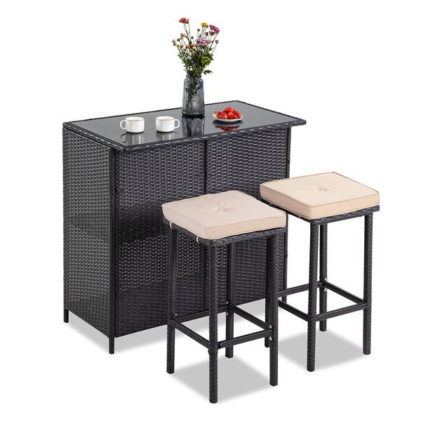 SUNRINX 3-Piece Wicker Outdoor Serving Bar Set with Beige Cushions