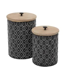 Black Metal Geometric Decorative Jars with Wood Lids (Set of 2)