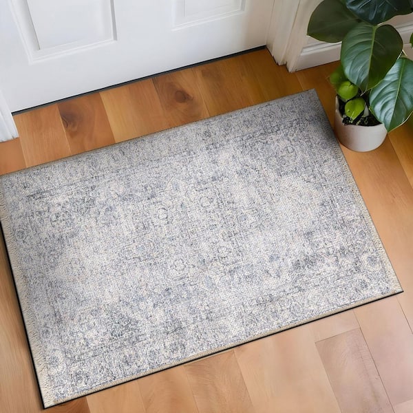 Distessed Medallion Machine Washable Blue 2 ft. x 3 ft. Area Rug