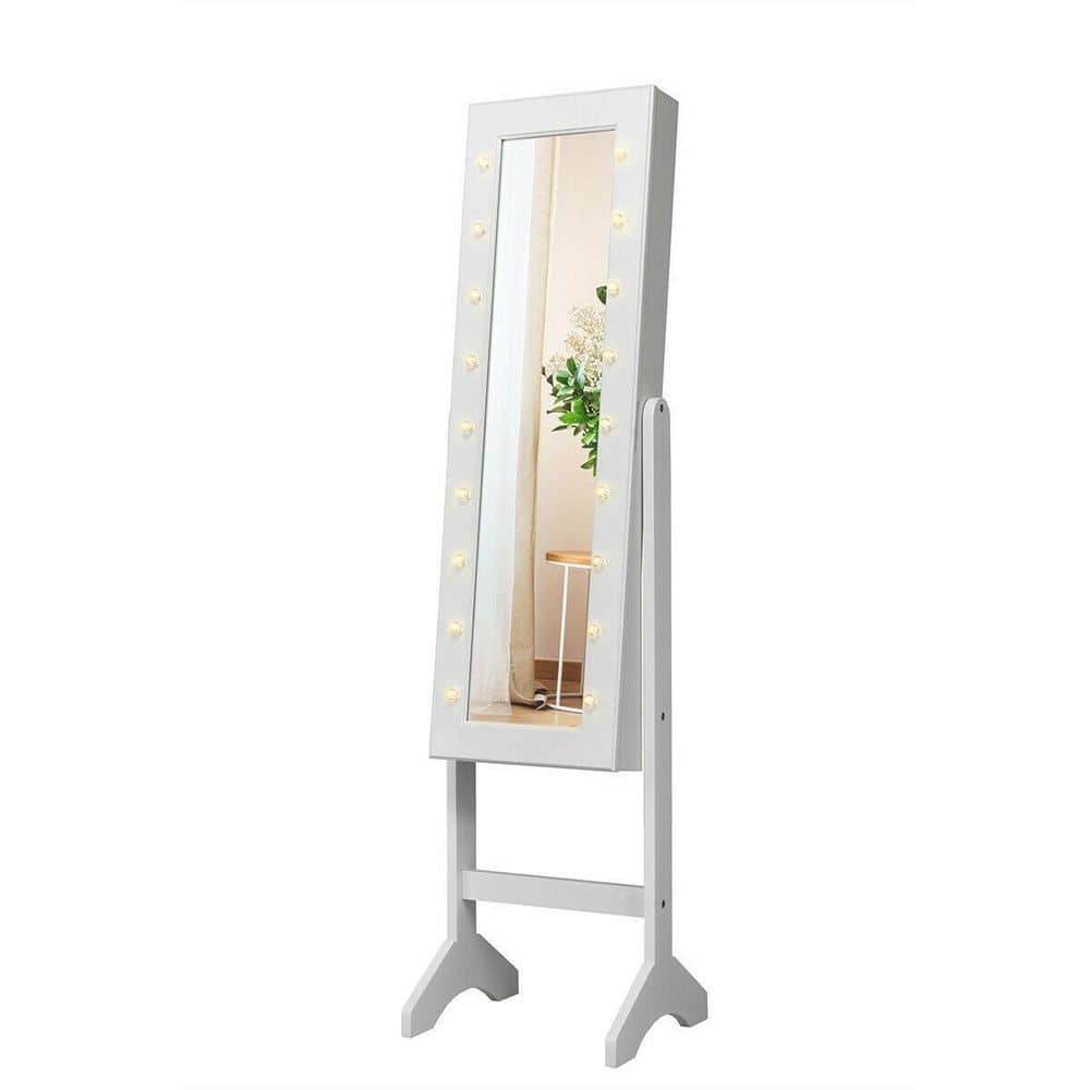 White Mirrored Standing Jewelry Armoire Cabinet with LED Lights