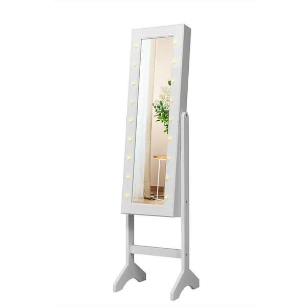 ANGELES HOME White Mirrored Standing Jewelry Armoire Cabinet with LED Lights