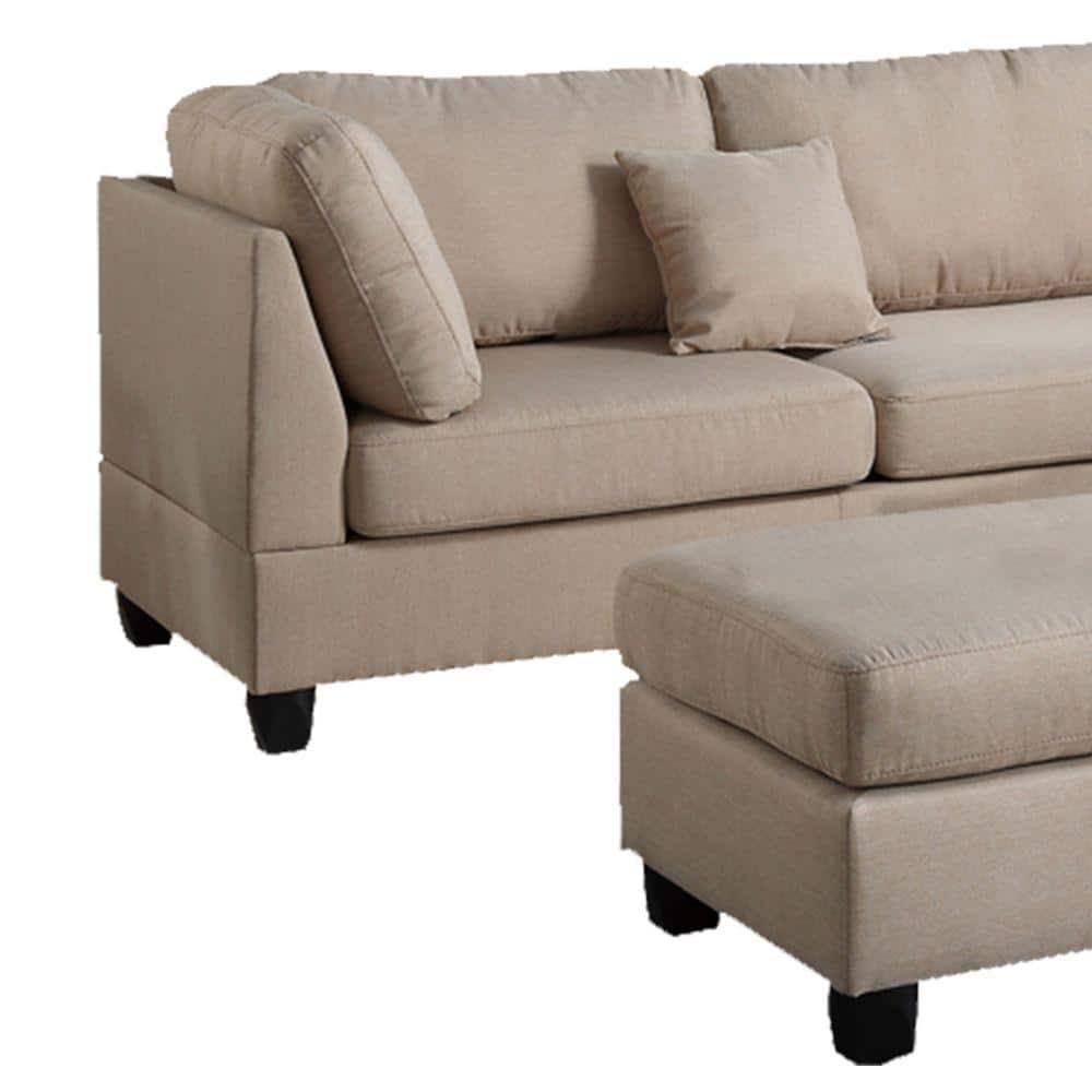Beige Linen 3-Piece Sectional Sofa with Ottoman