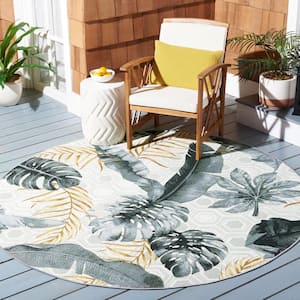 Barbados 8 ft. x 8 ft. Round Gray/Gold Floral Geometric Indoor/Outdoor Area Rug