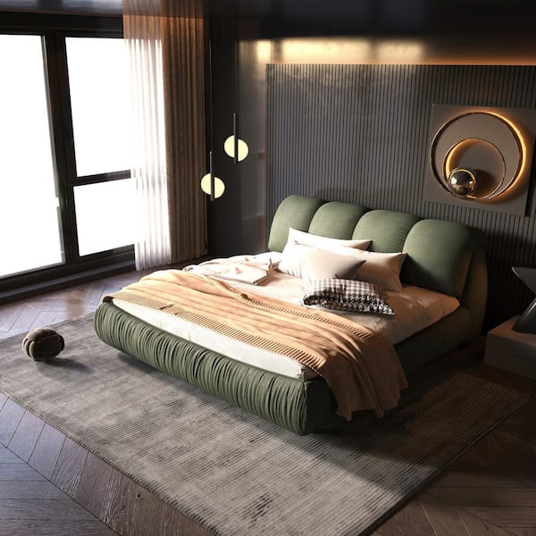 Harper & Bright Designs High End Green Wood Frame Queen Upholstered Platform Bed with Oversize Headboard, Thickened Slats, Pleating Bed Body