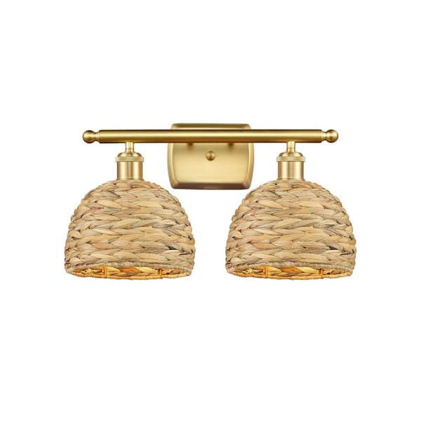 Woven Rattan 18 in. 2-Light Satin Gold Vanity Light with Rattan Shade