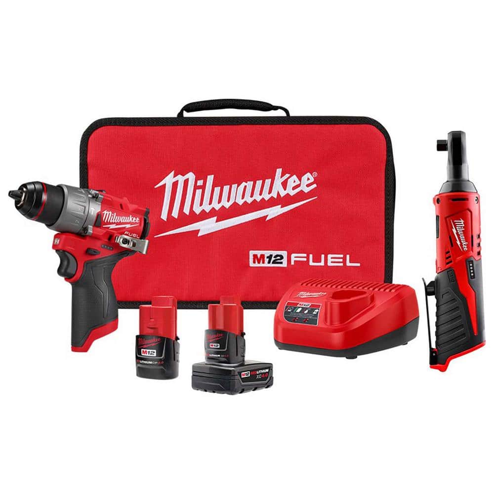 Milwaukee M12 FUEL 12-Volt Lithium-Ion Brushless Cordless 1/2 in. Hammer Drill Driver Kit with M12 3/8 in. Ratchet -  3404-22-2457