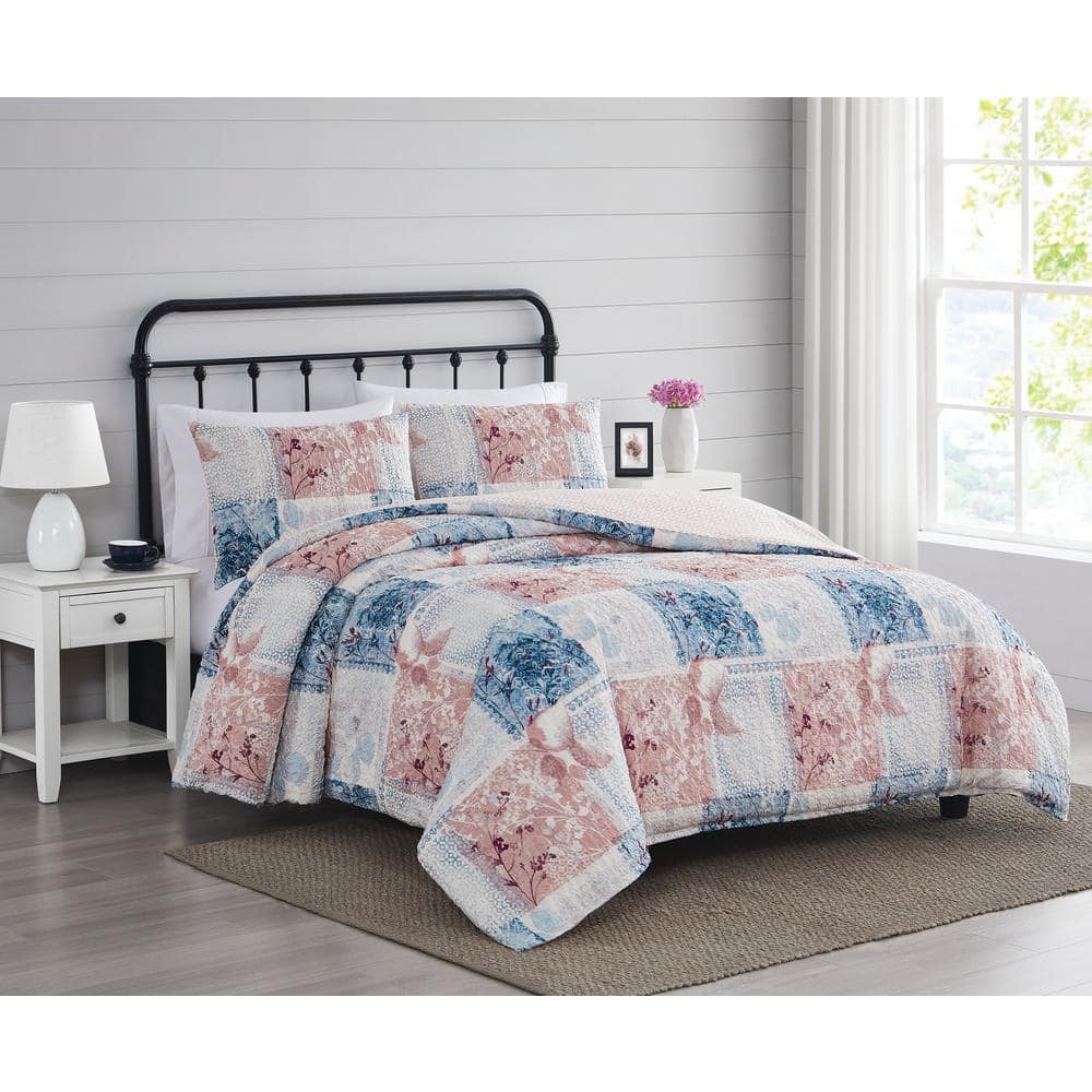 King Size Blue and Pink Microfiber Patchwork Duvet Cover Set