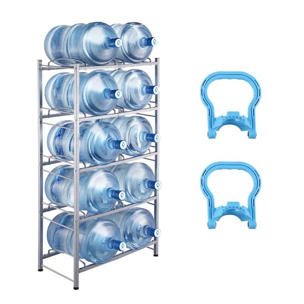 SKYSHALO 5-Tiers Water Jug Holder, 5-Gallon Water Bottle Holder, Double Row Water Bottle Rack for 10-Bottles, Silver Gray