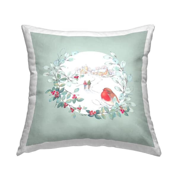 Stupell Industries Snow Scene with Border Green Print Polyester 18 in. x 18 in. Throw Pillow