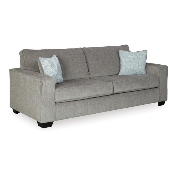 Benjara 85 in Square Arm Chenille Rectangle 2 Floral Print Throw Pillows Sofa in. Gray, Black and Blue
