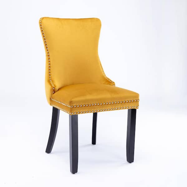 Jushua Gold Upholstered Wing-Back Dining Side Chair with Backstitching Nailhead Trim and Solid Wood Legs (Set of 2)