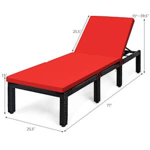 2-Pieces Patio Lounge Chair Rattan Chaise with Adjustable Red and Off White Cushioned