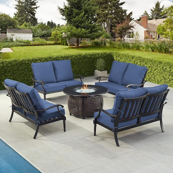 Black 5-Piece Aluminum Patio Fire Pit Set with Red Cushions