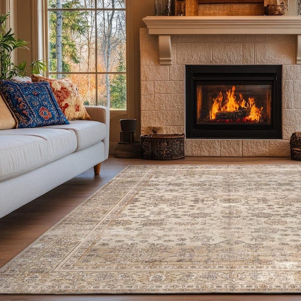 Meena Fading Garden Spill Proof Washable Beige 8 ft. x 10 ft. Indoor Area Rug