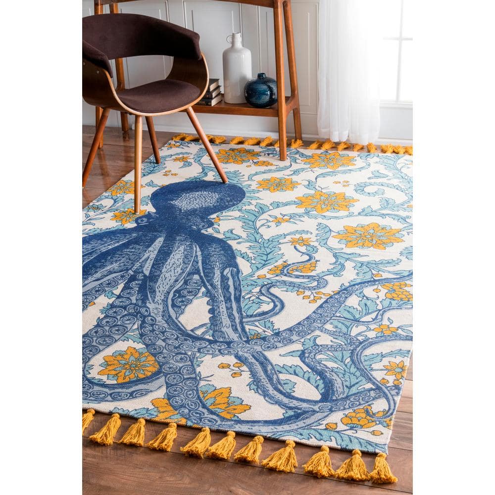 Multicolor Cotton Octopus Flatweave Area Rug with Tassels, 5' x 8'