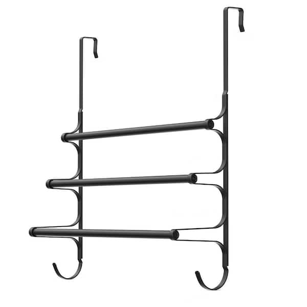 24.2 in. L 3-Bar Over The Door Towel Rack in Matte Black, Triple Towel Storage Holder with Hooks for Bathroom