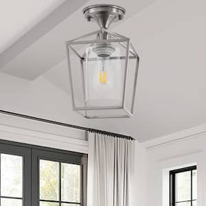 7 in. 1-Light Nickel Semi Flush Mount Ceiling Light, Farmhouse Retro Cage Kitchen Lighting Fixtures with Glass Shade