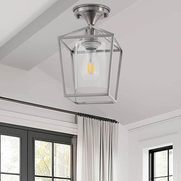 YANSUN 7 in. 1-Light Nickel Semi Flush Mount Ceiling Light, Farmhouse Retro Cage Kitchen Lighting Fixtures with Glass Shade