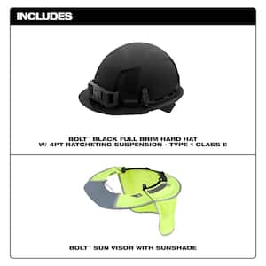 BOLT Black Type 1 Class E Full Brim Non Vented Hard Hat with 4-Point Ratcheting Suspension with BOLT Visor and Sunshade