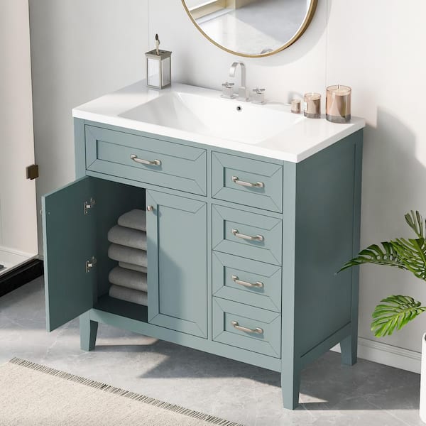 36 in. W x 18 in. D x 36 in. H Green Bath Vanity with Single Sink and White Ceramic Top, 3-Drawers