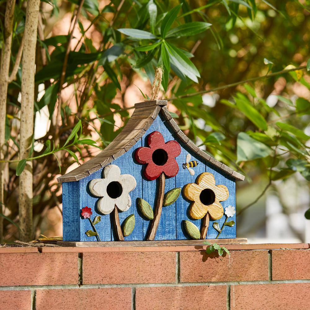 Oversized Blue Wooden Birdhouse with 3D Flowers