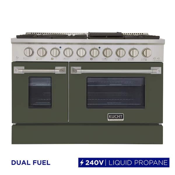 48 in. 6.7 cu. ft. 8-Burners Double Oven Dual Fuel Range Propane Gas in Stainless Steel and Olive Green Oven Doors