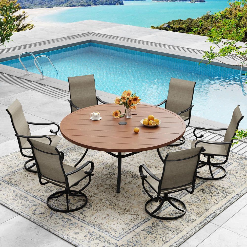7-Piece Metal Patio Dining Set with 53 in. Walnut Round Dining Table and 6 Brown Textilene Swivel Chairs