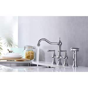 Double Handle Solid Brass Hot and Cold Bridge Kitchen Faucet with Pull Out Side Spray in Brushed Chrome