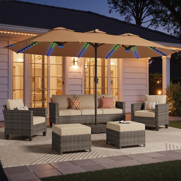 15 ft. Rectangule Outdoor Double Sided Market Patio Umbrella in Tan with Base and RGB Lights for Poolside Lawn