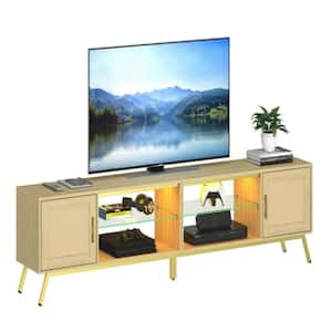 80 in. Modern TV Stand with Storage Cabinets and 2 Rattan Doors for TVs up to 85 in. Entertainment Cen in Natural Oak