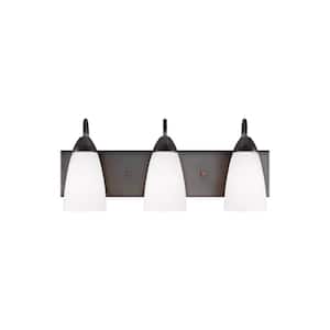 Seville 21 in. 3-Light Bronze Transitional Modern Wall Bathroom Vanity Light with White Etched Glass Shades
