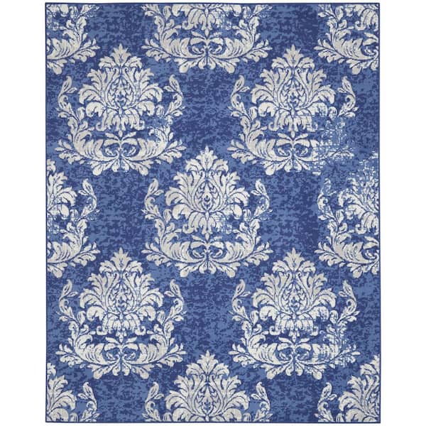 8 ft. x 10 ft. Blue and White Damask Distressed Non Skid Area Rug
