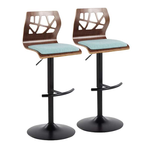 Lumisource Folia 32.5 in. Teal Fabric, Walnut Wood and Black Metal Adjustable Bar Stool (Set of 2)