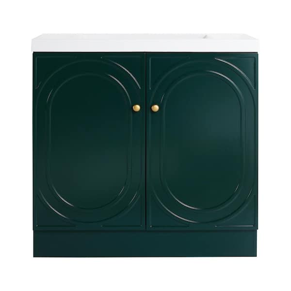 Sheffield 35.4 in. W x 19.7 in. D x 35.4 in. H Freestanding Bath Vanity Cabinet in Light Dark Green with White Resin Top