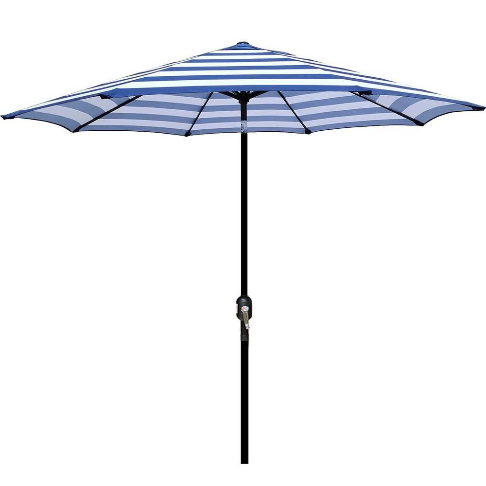 9 ft. Iron Market Tilt Patio Umbrella in Blue and White Stripe
