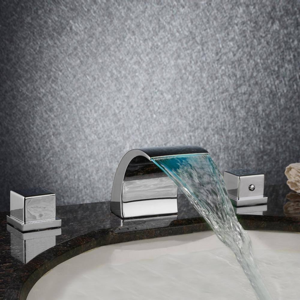 Chrome LED Waterfall Bathroom Sink Faucet with Dual Knob Handles