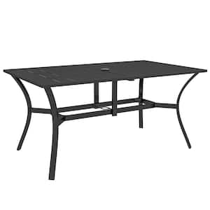 Steel Rectangle Outdoor, Patio Dining Table for 6-People, with Umbrella Hole, for Garden, Balcony, Black