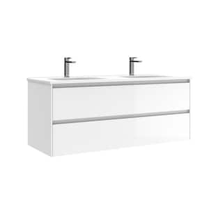 Perla 47.6 in. W x 18.1 in. D x 19.5 in. H Double Sink Wall Mounted Bath Vanity in Gloss White with White Ceramic Top