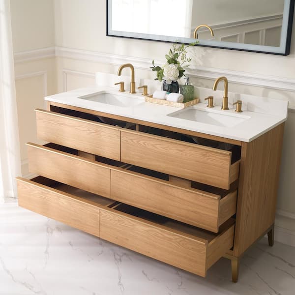 60 in. W x 22 in. D x 35 in. H Double Sink Light Oak Bath Vanity with Carrera White Quartz Top with 60 in. LED Mirror