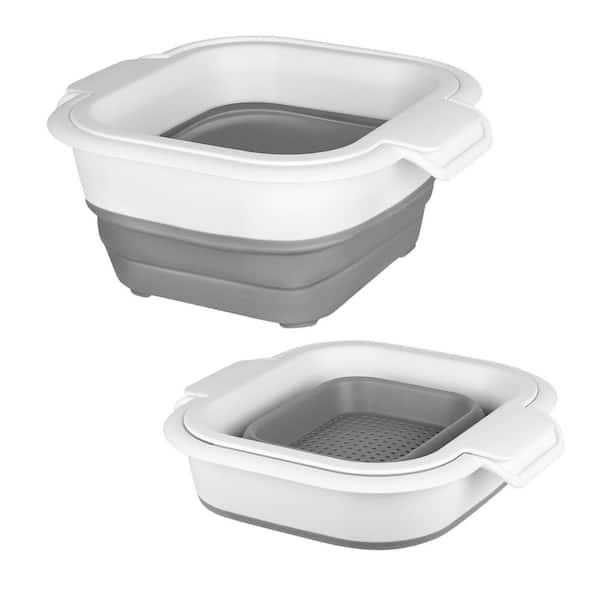 Collapsible Colander Set 2 Piece 5 qt. and 3 qt. Gray Plastic Double Layered Strainer Basket for Kitchen Vegetables